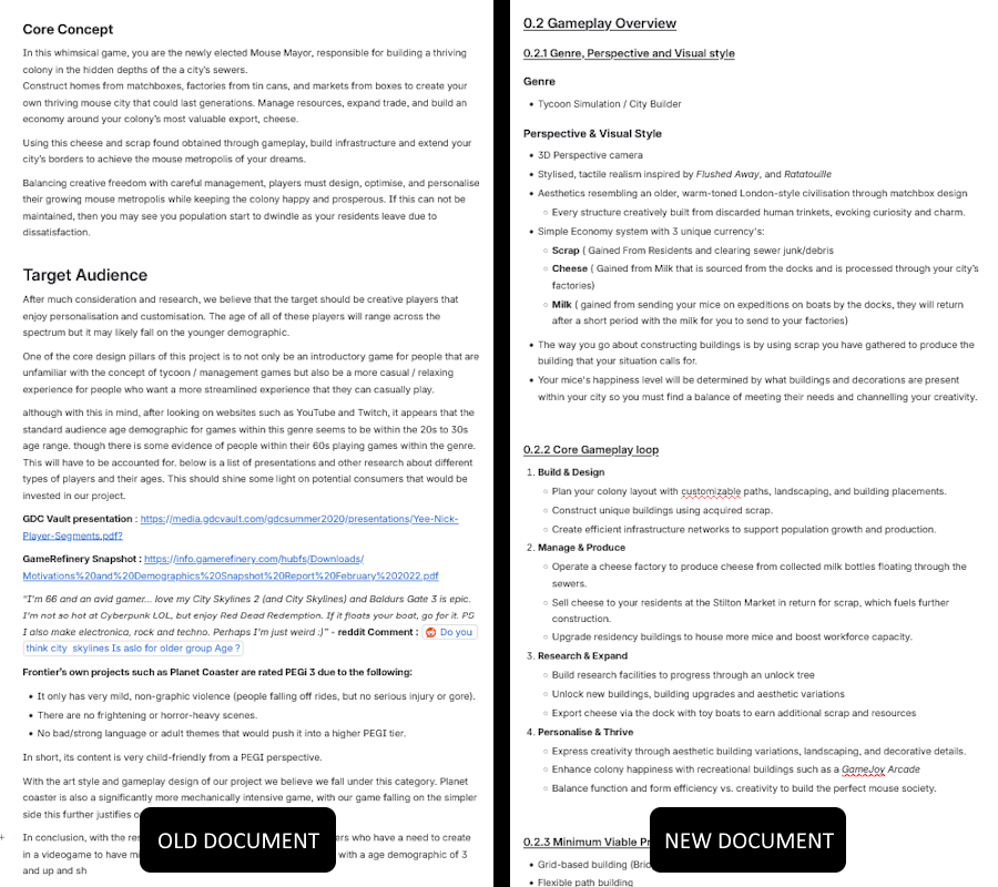Comparison of structure in each set of documentation